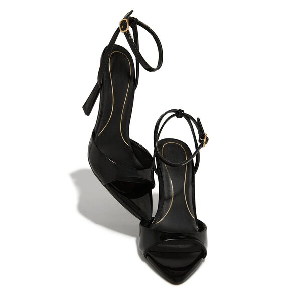 New Black Open Toe Ankle Strap Sandal Stiletto High Heel Faux Patent Leather - Picture 4 of 5